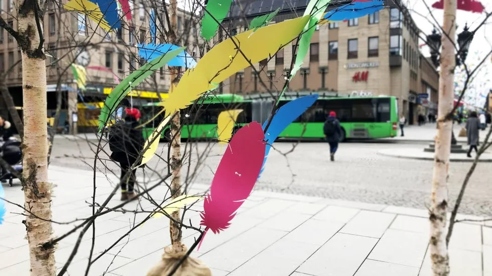 Fjädrar av papper tar plats i björkarna på Stora Torget inför påsk.