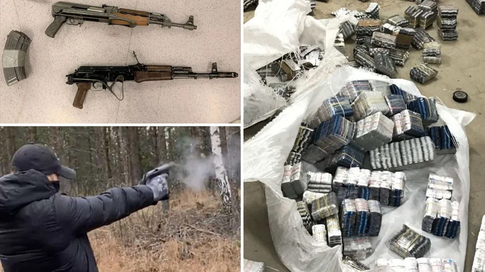 Nästan 60 personer åtalades i knark- och bombhärvan. Bilder ur förundersökningen som visar automatvapen, narkotikaklassade tabletter och en misstänkt som skjuter med pistol.