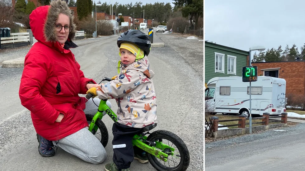 Linda Rantalainen bor på Sjöborgsvägen i Härad, där det nyligen kommit upp en farttavla på en lyktstolpe nära hennes hem. Här syns hon tillsammans med 2-åriga sonen Malve.