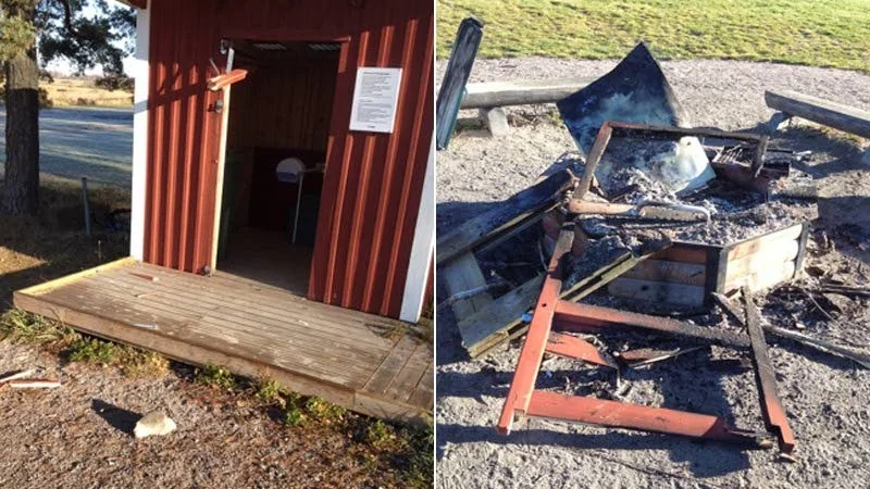 Dörren som satt på utetoaletten (till vänster) har nu i stället hamnat på grillen.