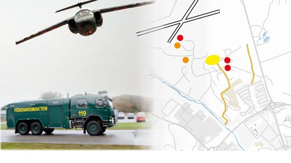 Försvarets slutrapport om PFAS-användning vid Ärna räknar med utsläpp från två gamla övningsplatser (orange märkning). Övningar och brandberedskapen vid flottiljen innebar PFAS-användning på flera platser (röda punkter). Höga PFAS-värden har mätts upp i spill- och dagvatten från pumphus och berganläggning.