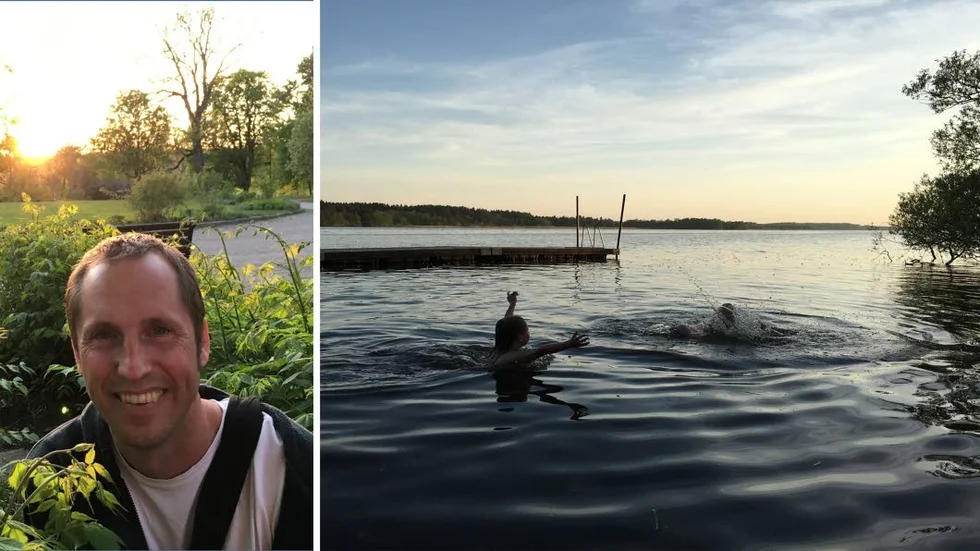 Erik Pelling badar gärna på semestern. Här vid en av favoriterna - Wiks slott.