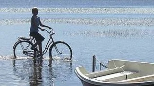 Tämnarens vattennivå lågt nog för en cykeltur.