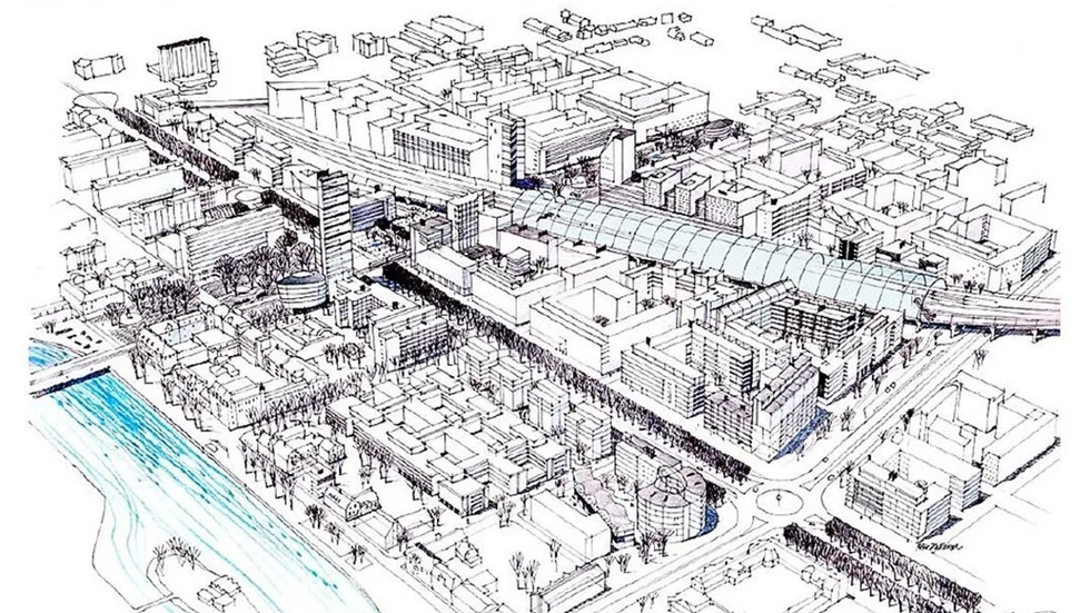 En vision för år 2030, hämtad ur den fördjupade översiktsplanen för Resecentrum och södra Butängen. Bortom det upphöjda stationsmrådet ses den omvandlade stadsdelen Butängen ta vid. Spår och perronger har höjts upp till en kilometerlång bro. Stationsområdet är inglasat. Gatan, som sträcker sig snett igenom högra delen av vyn, är Packhusgatan/Ståthögavägen.

Illustration: PeGe Hillinge, Sweco Architects.
