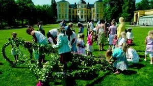 Mest barn, men också vuxna, hjälptes åt att klä midsommarstången i Slottsparken. Foto: Gunnar Johansson