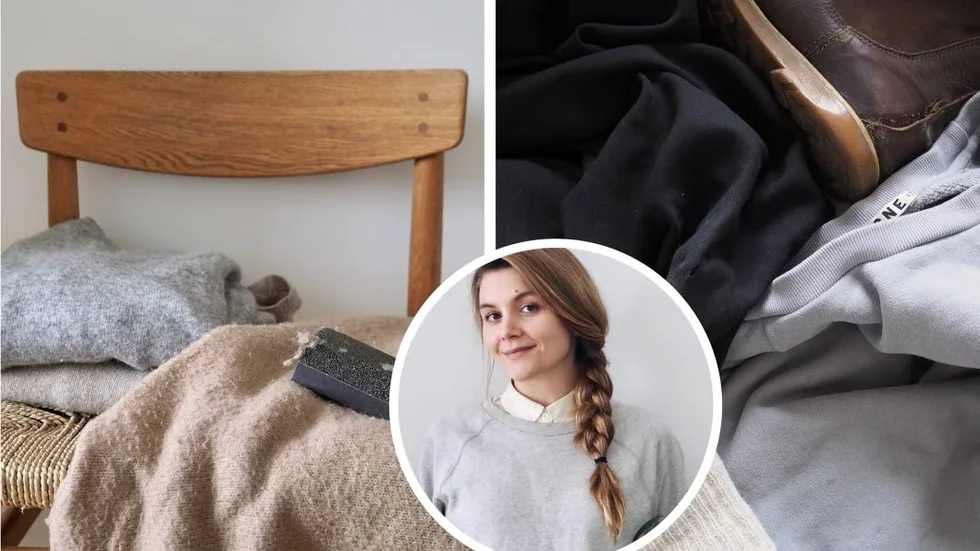 Noppiga ulltröjor får en omgång med en speciell ”noppsten”.  // Byxor med hål på knäet, en ulltröja med hål på ärmen, omöjliga fläckar på en annan favorittröja och en sko med trasig söm och hål i sula. Alla går att laga och använda igen!