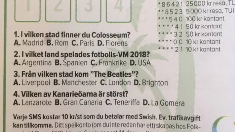 Fråga två fick många spelare att höja på ögonbrynen under söndagens Bingolotto.