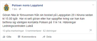 50-årig man försvunnen i Kiruna