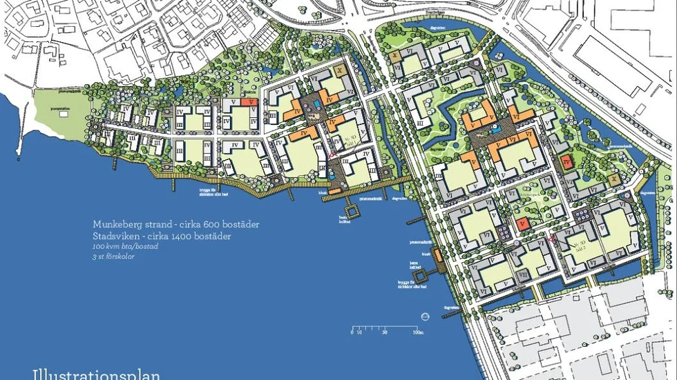 Hälften spolat. Kommunens vision om att låta centrum växa norrut. Munkeberg strand till vänster om vägbanken är fortfarande högst aktuell men Skutviken till höger förblir en vattenspegel.
Foto: Stadsbyggnadskontoret