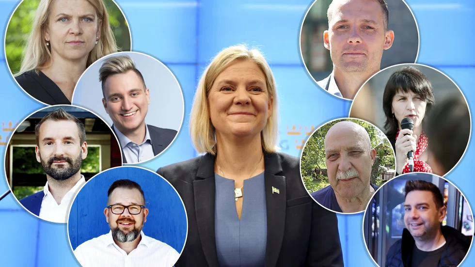 De politiska gruppledarna i Eskilstuna: Marielle Lahti (MP), Stefan Krstic (L), Kim Fredriksson (SD), Jari Puustinen (M), Mattias Stjernström (C), Maria Chergui (V), Bo Hellmark (KD), Jimmy Jansson (S). Magdalena Andersson (S) i mitten.