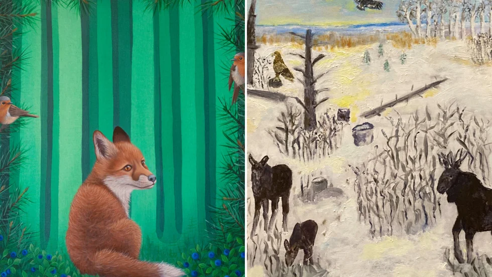 Johanna Borgenståls "Robins woods" och Katarina Rödings "Våldtäkt på naturen" i utställningen "Fablernas värld" i Galleri Foajén, Luleå.