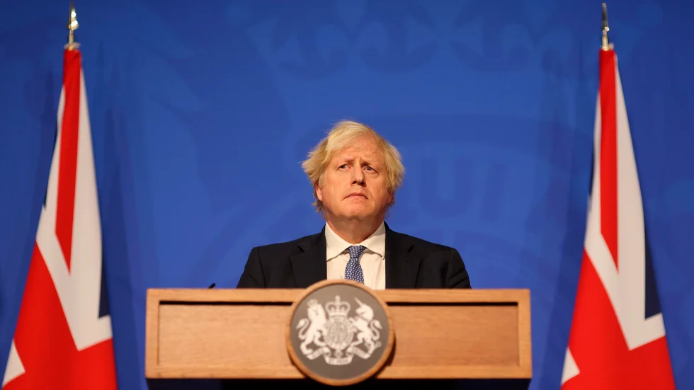 Boris Johnson vid onsdagens presskonferens på Downing Street i London.