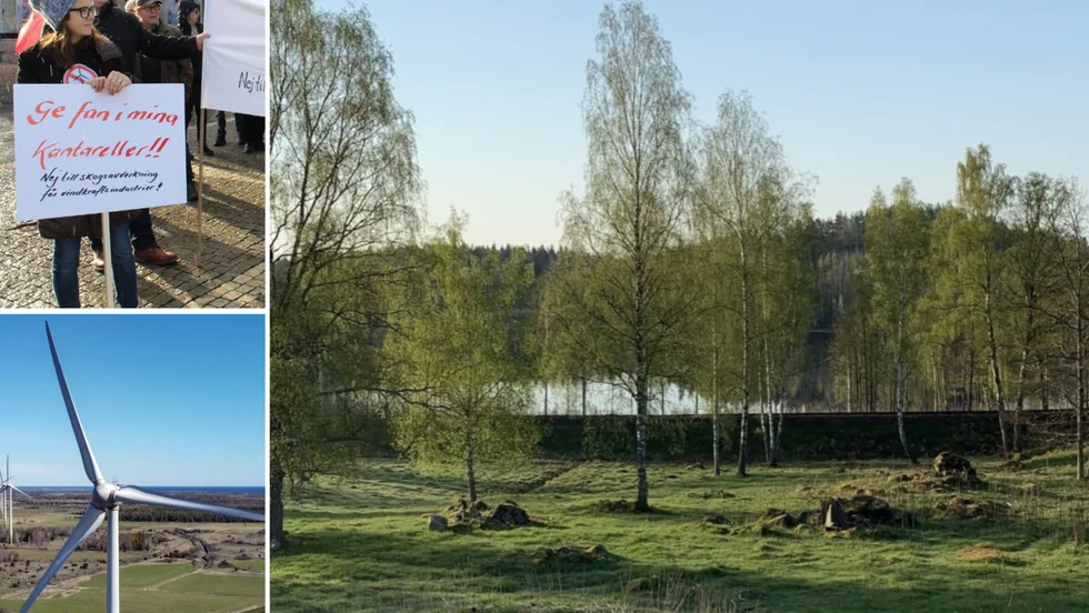 Maria Andersson (längst upp till vänster) betonar att vindkraftsmotståndarna inte är några "mörka krafter" utan vanliga medborgare värnar om sin hembygd. Hon sörjer att utsikten över sjön Tyreln, till höger, kommer att förändras radikalt.
