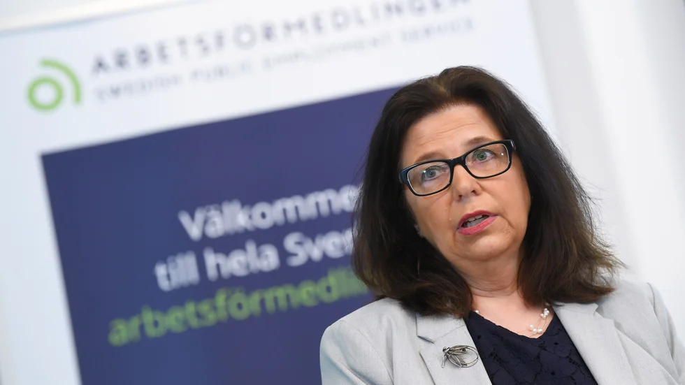 Arbetsförmedlingens generaldirektör Maria Mindhammar presenterar den nya arbetsmarknadsprognosen. Arkivbild.