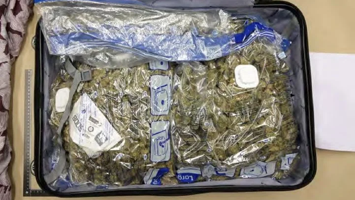 I en resväska hittade polisen 5,2 kilo cannabis som förpackats i sex påsar. (Bilden är hämtad ur förundersökningen.) 
