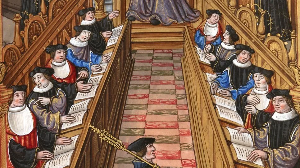 En sammankomst med forskare vid universitetet i Paris. Illustration av Étienne Colaud i handskriften "Chats royaux" från 1537. 