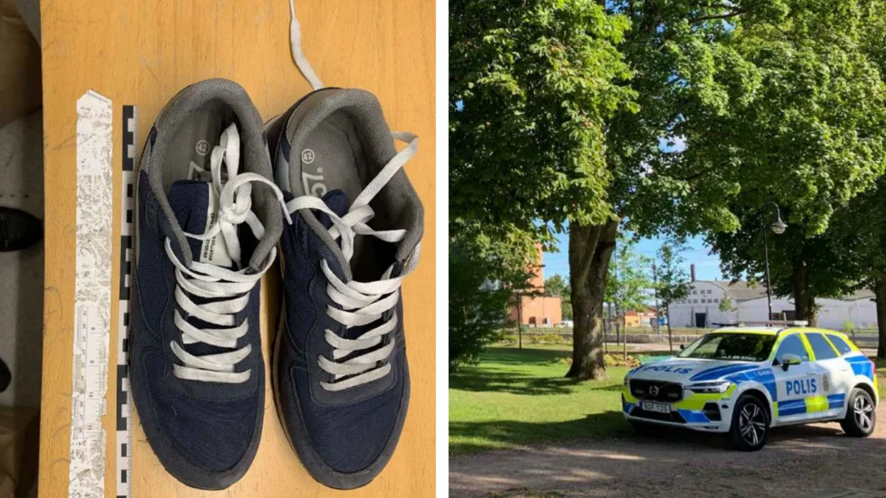 Den 19-årige mannen bar ett par gymnastikskor på sig när han greps. På skorna säkrade polisen dna som kom från den rånade mannen. (Bilderna är hämtade ur förundersökningen.) 