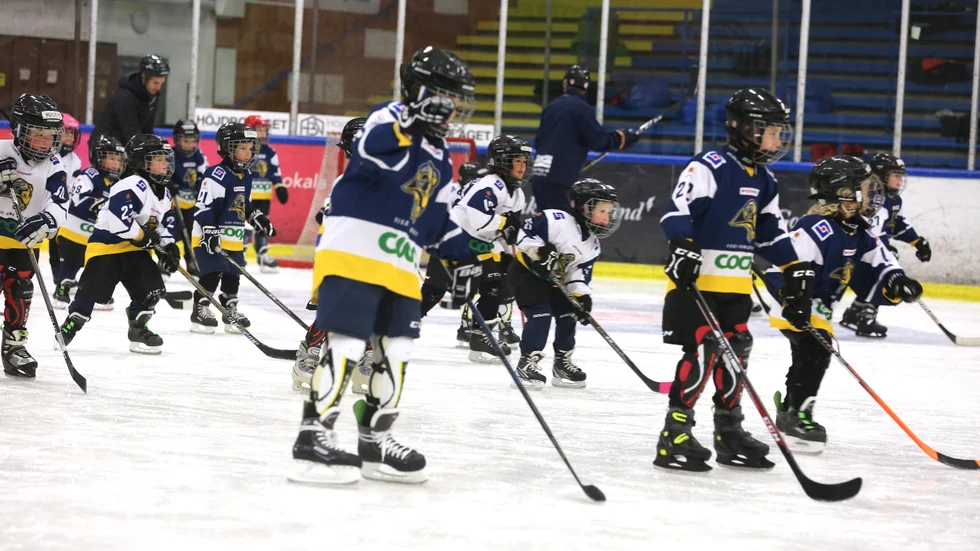 Full fart när Visby Romas hockeyskolas yngre grupp tränar.