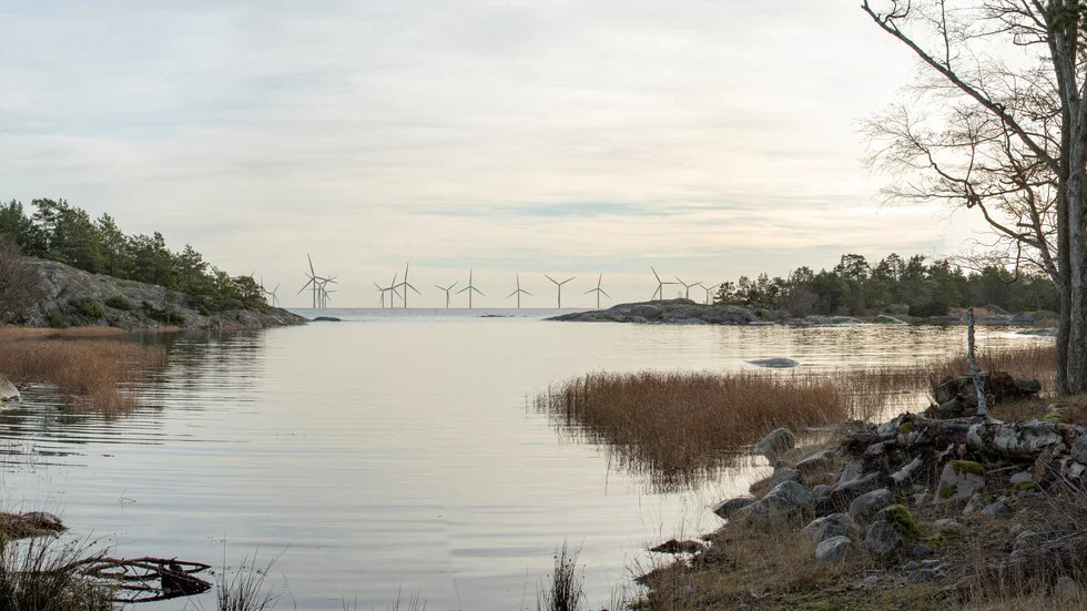 Vindkraftsparken Långgrund, här i en visualisering från Lacka i Trosa skärgård.