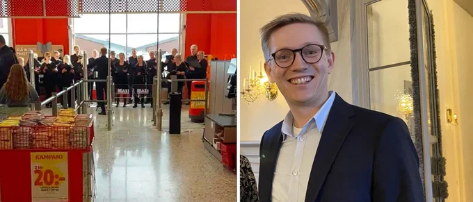 Här överraskar kören kunderna i butiken