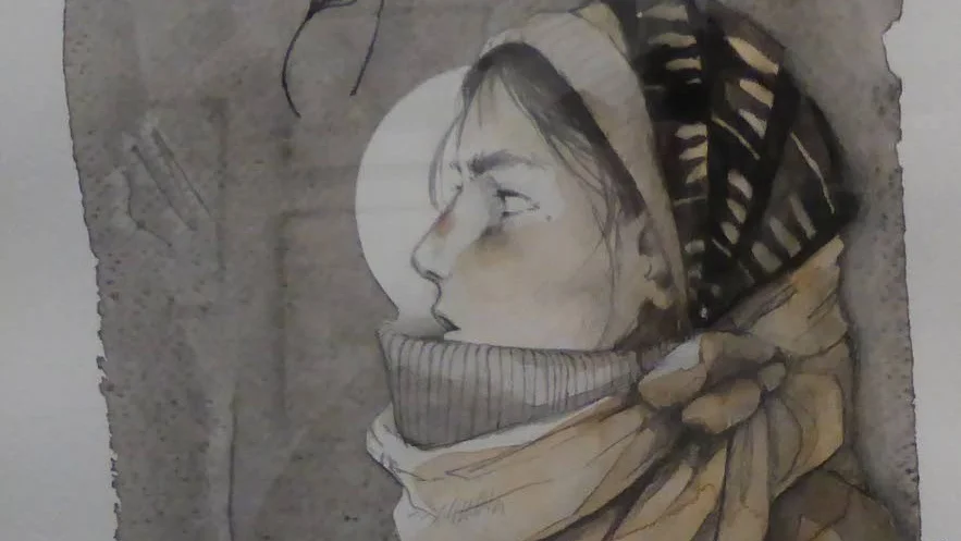 ”Cold country”. Akvarell, tusch och collage av Mathilda Henriksson.