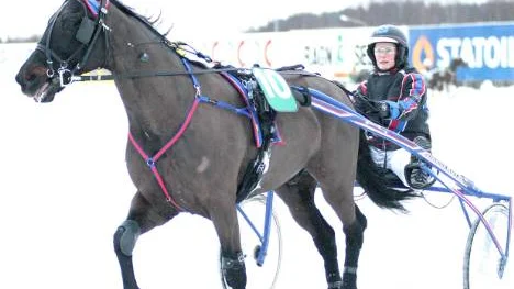 Saken är klar. 17-oddsaren Rambo Hornline och Ingela Nilsson vänder upp för segerdefilering sedan de tagit en överraskande seger i V4-4.