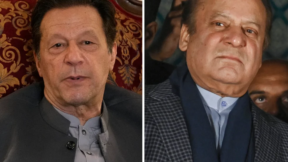 Pakistans före detta premiärminister Imran Khan till vänster och Pakistans före detta premiärminister Nawaz Sharif till höger. Vem blir landets nästa ledare? Montage.