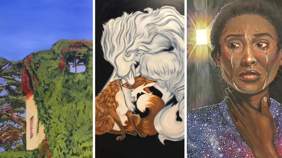 Sarah Manktelow, Julia Löwengrip och Juni Malmberg deltar alla med konstverk på utställningen i Salsta slott 27-28 april. Bilderna är beskurna.