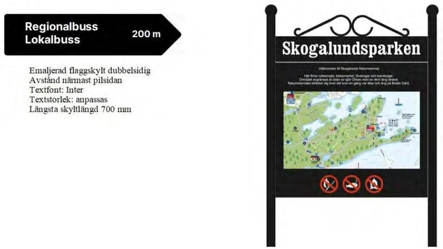 Så här ska skyltarna vara utformade. Till vänster de som ska sitta på trafikstolpar, till höger en variant med karta. 