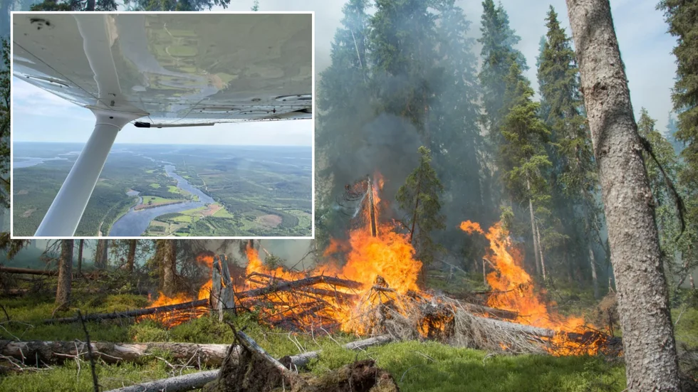 Lilla bilden är från lördagens brandslinga när Skogsbrandflyget var upp för första gången i år, platsen är över Kalixälven. Stora bilden är en arkivbild. 