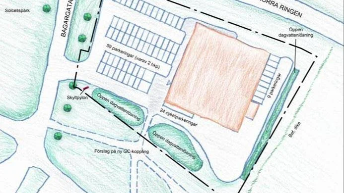 Planillustration. 59 besöksparkeringar, 9 personalparkeringar och 24 cykelparkeringar anläggs vid butiken.