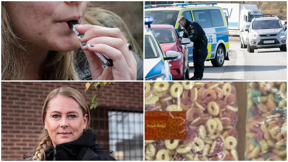 Polisen kontrollerar drogonykterhet genom att kolla ögonrörelser och beteende. Utöver kristall är det fler unga i länet som använder cannabis just nu. Bland annat får de i sig cannabis genom vapes (längst upp till vänster) eller genom att äta cannabisgodis. Längst ner till vänster Hilde Wiberg, från ungdomsjouren i Uppsala.