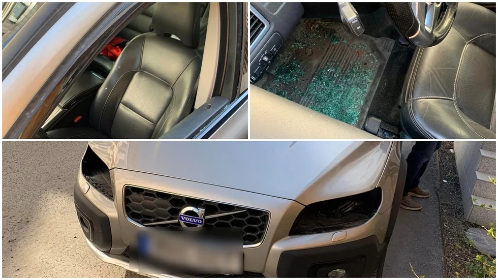 Sidorutan på förarsidan krossades. Hela golvet blev fullt av glassplitter. Längst ner Gert Kihlströms Volvo utan framlyktor.
