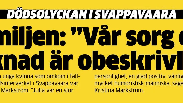 NSD:s förstasida 31 juli 2018: En familj har förlorat sin dotter. Orsaken misstänktes vara rostiga och dåligt underhållna gallergolv i pelletsverket.