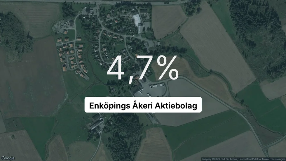 Illustrationen visar rörelsemarginalen för Enköpings Åkeri för det senaste året. Bakgrunden är en satellitbild över företagets adress.