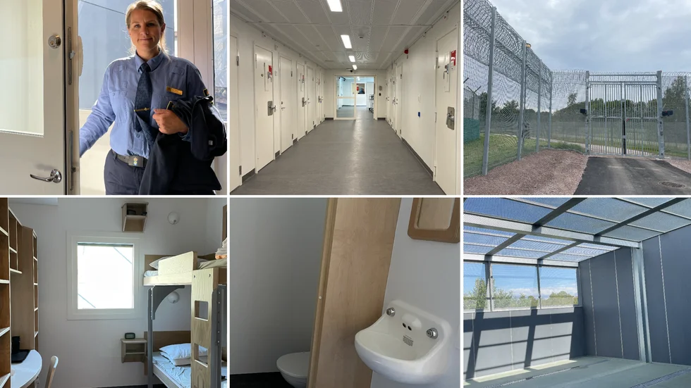 Kriminalvårdsinspektör Maria Berglund visar runt på det nya häktet på Arnö, där allt dimensionerats för att både personal och intagna ska få bättre förutsättningar. Den allt större andelen häktade barn märks också, med fler ytor för socialt samspel och aktiviteter.