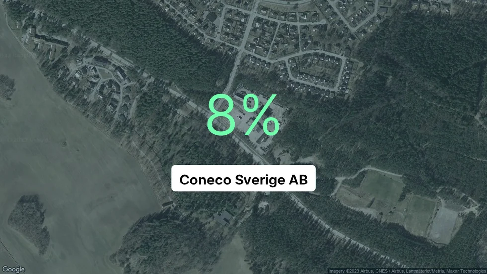 Illustrationen visar rörelsemarginalen för Coneco Sverige för det senaste året. Bakgrunden är en satellitbild över företagets adress.