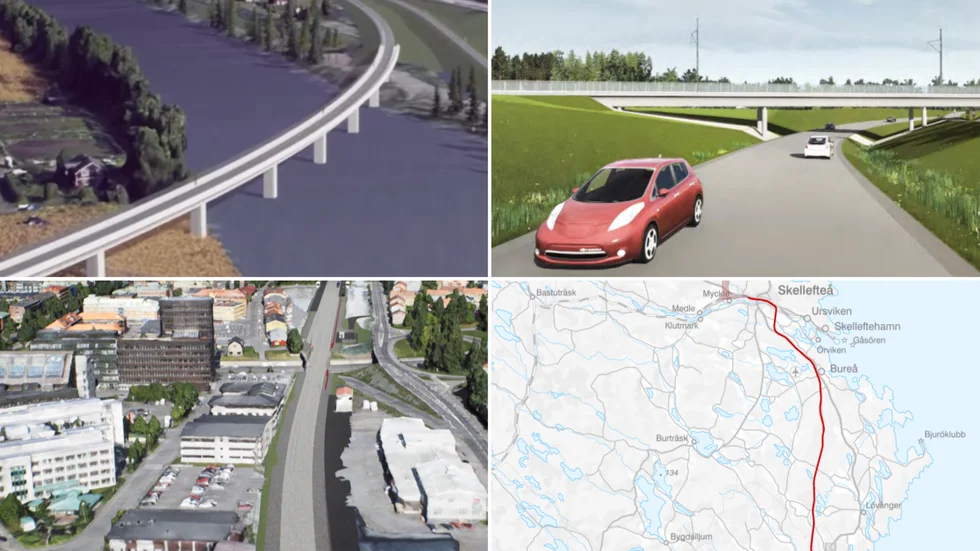 Kartbilden ger den exakta sträckningen av Norrbotniabanan. Ovanför ser vi en bro över Bockholmsvägen. Till vänster ser man hur järnvägsbron svänger in över Skellefteälven och under den är centrala Skellefteå där Norrbotniabanan passerar E4.