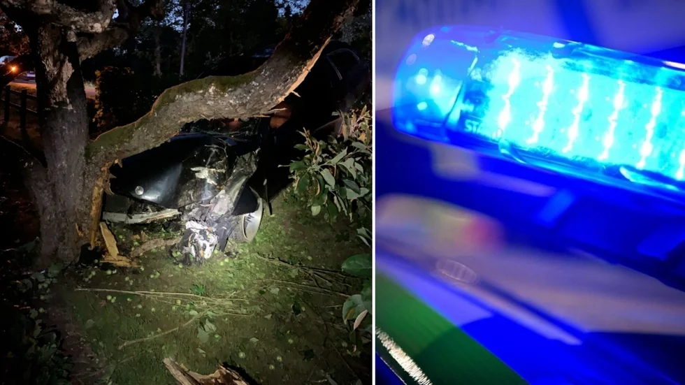 Den berusade bilföraren körde in i en trädgård och krockade med ett träd. Polisen dokumenterade skadorna i samband med trafikolyckan, som ägde rum utanför Borensberg.
