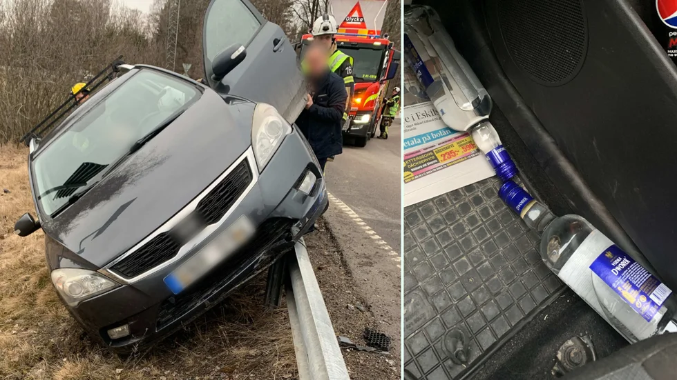 Mannens vingliga färd slutade över ett räcke i Stenkvistarondellen. I bilen hittade polisen flera vodkaflaskor.