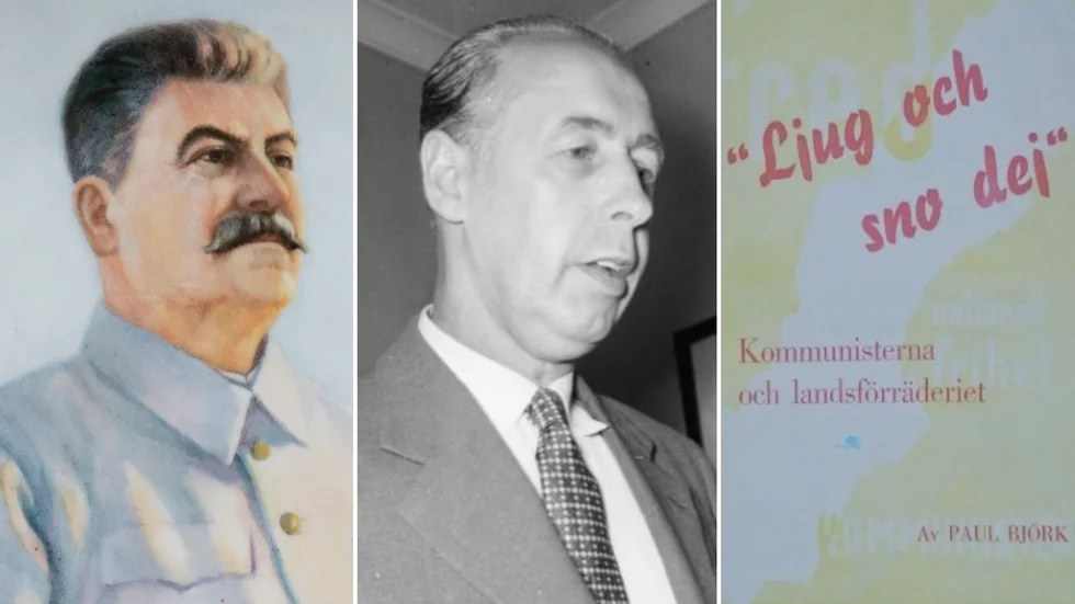 De svenska kommunisterna hyllade Stalin (bilden t v) och Sovjetimperialismen. Paul Björk, NSD:s chefredaktör 1951-56, var en av dem som agerade motkraft och tog fajten. 1952 tryckte NSD hans lilla skrift "Ljug och sno dej", som handlade om kommunisterna och landsförräderiet. 