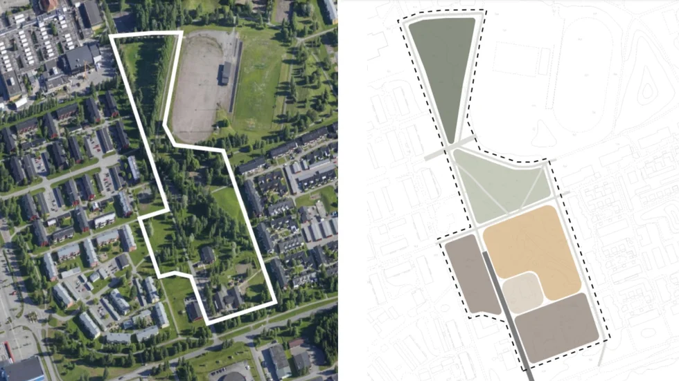 Till vänster en flygbild över området, till höger hur det planeras. Gult är nya förskolan, ljusbrunt ett gruppboende. Mörkbrunt är nya radhusen. Ljusgrönt är park och mörkgrönt är det nya översvämningsmagasinet. 