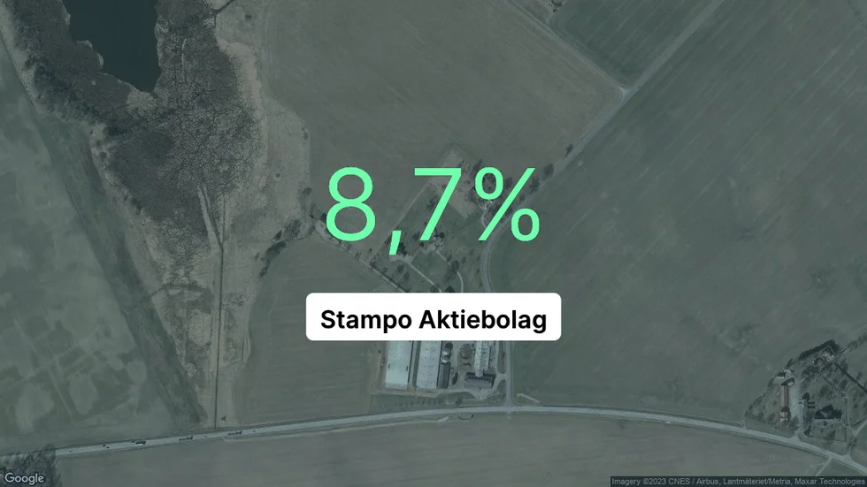 Illustrationen visar rörelsemarginalen för Stampo för det senaste året. Bakgrunden är en satellitbild över företagets adress.