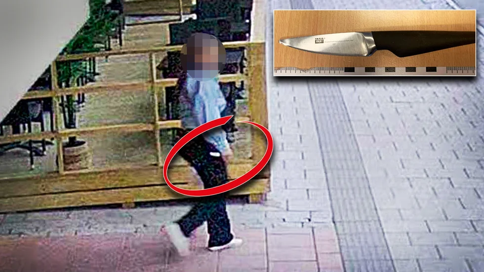 När kvinnan lämnade Quality hotell fastade hon i polisens övervakningskamera. Kniven ses i kvinnans högra hand.