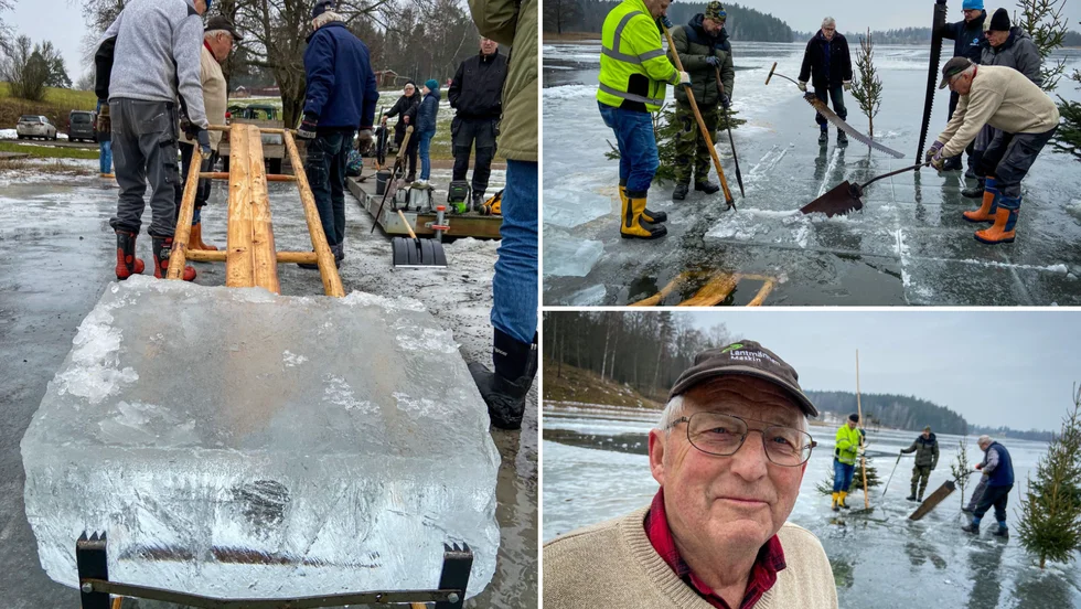 Det bjöds på traditionellt arbete när isblock plockades ur Hosjön i Malmköping på onsdagsförmiddagen.