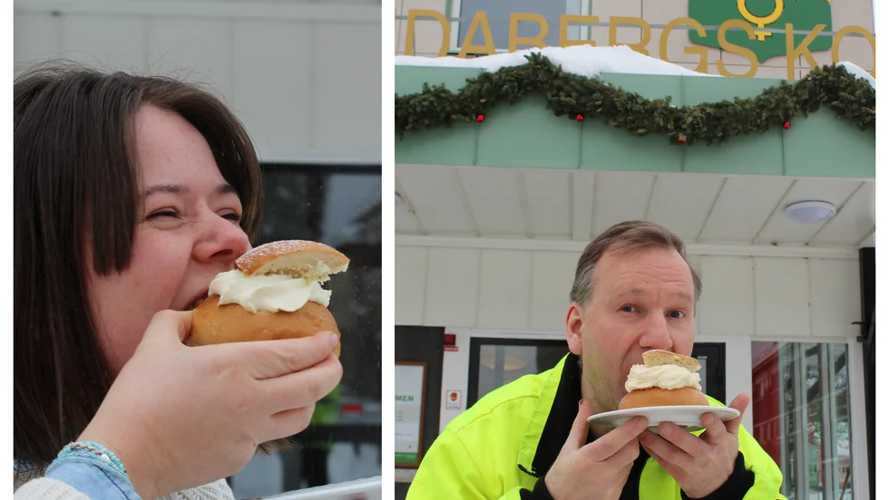 Katarina Ulfsdotter Gunnarsson och Mats Johansson sätter tänderna i varsin semla.