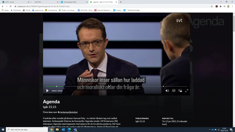Frankrikes ambassadör i Sverige Etienne de Gonneville intervjuades i Agenda av Anders Holmberg.  