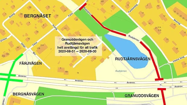 Rudtjärnsvägen och Granuddsvägen stängs av för in och utfarat den 31 augusti.