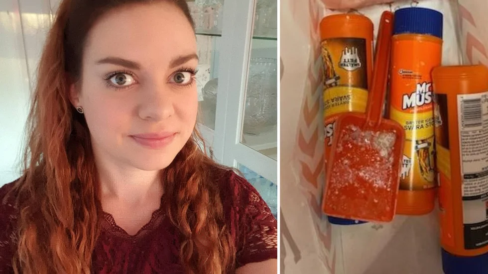 Susanne Sannefurs sexårige pojke hittade de här flaskorna vid Bälinge skola. De innehåller det frätande ämnet kaustiksoda. 