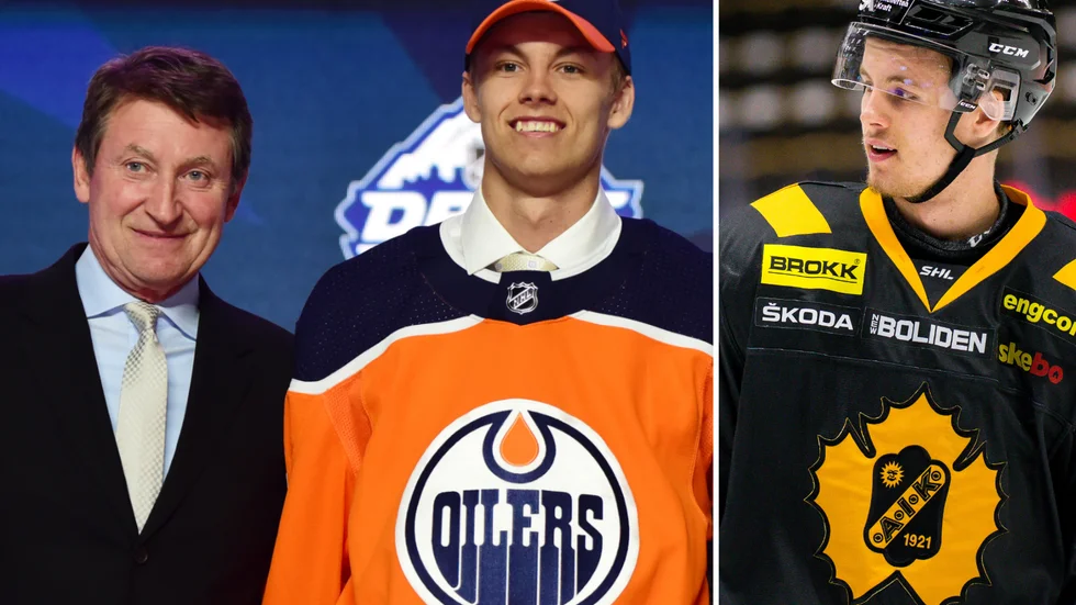 Till vänster: Philip Broberg tillsammans med Wayne Gretzky när han draftades av Edmonton Oilers förra sommaren. 
Till höger: Broberg i AIK-tröjan från fjolårts SHL-säsong.